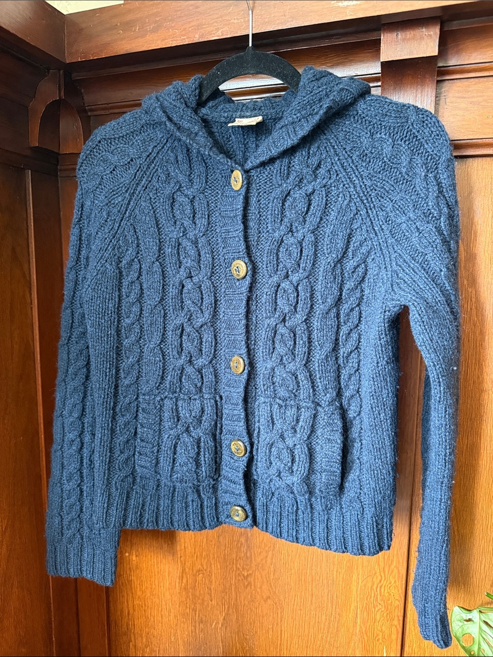 Y2K Abercrombie & Fitch Navy Blue Cable-Knit Wool Hooded Cardigan Sweater